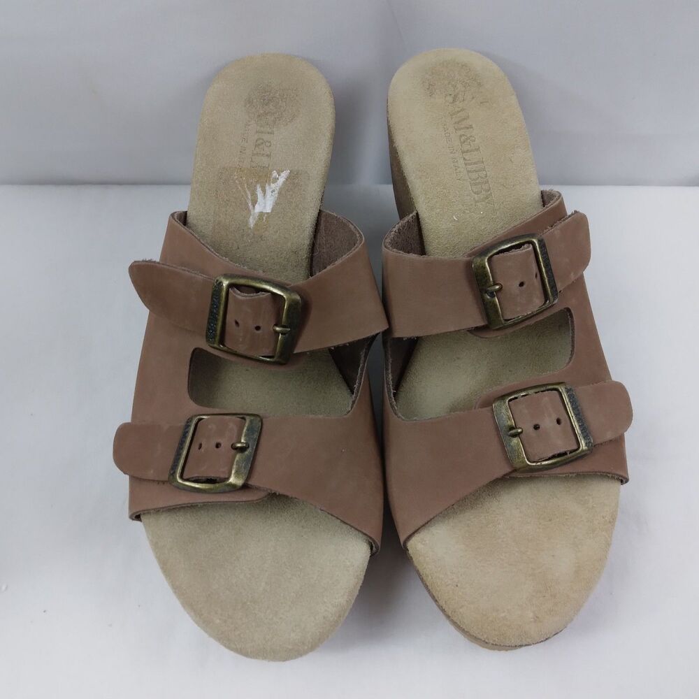 Sam & Libby Brookfield Slide Wedge Sandals Brown Leather Double Buckle Boho 8 - Picture 4 of 14